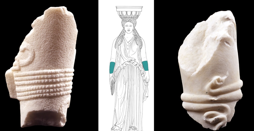 Due frammenti di avambracci con bracciale ed evidenziata la loro posizione sulla ricostruzione grafica di una Cariatide dell’attico dei portici del Foro di Augusto