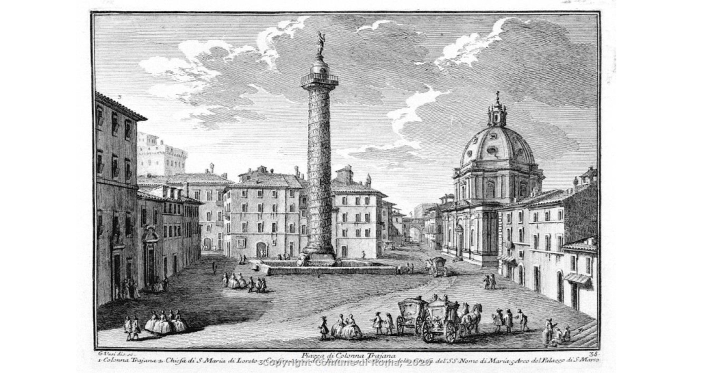 Giuseppe Vasi, Piazza di Colonna Trajana, stampa, 1752 (Roma, Museo di Roma di Palazzo Braschi)