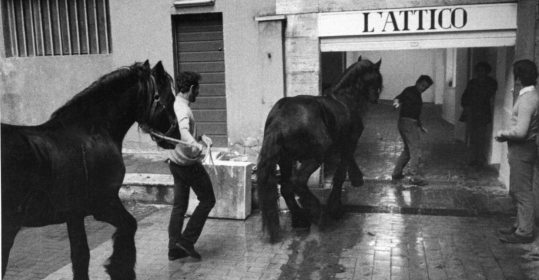 Fabio Sargentini osserva i cavalli di Kounellis che entrano nel garage de L’Attico, gennaio 1969. Foto di Claudio Abate