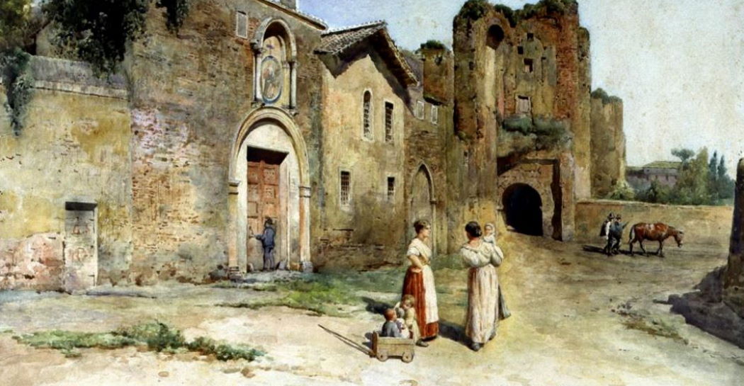 La facciata dell’ospedale di San Tommaso in Formis in un acquerello di Ettore Roesler Franz – 1890 (Roma, Museo di Roma in Trastevere) La facciata dell’ospedale di San Tommaso in Formis in un acquerello di Ettore Roesler Franz – 1890 (Roma, Museo di Roma in Trastevere)