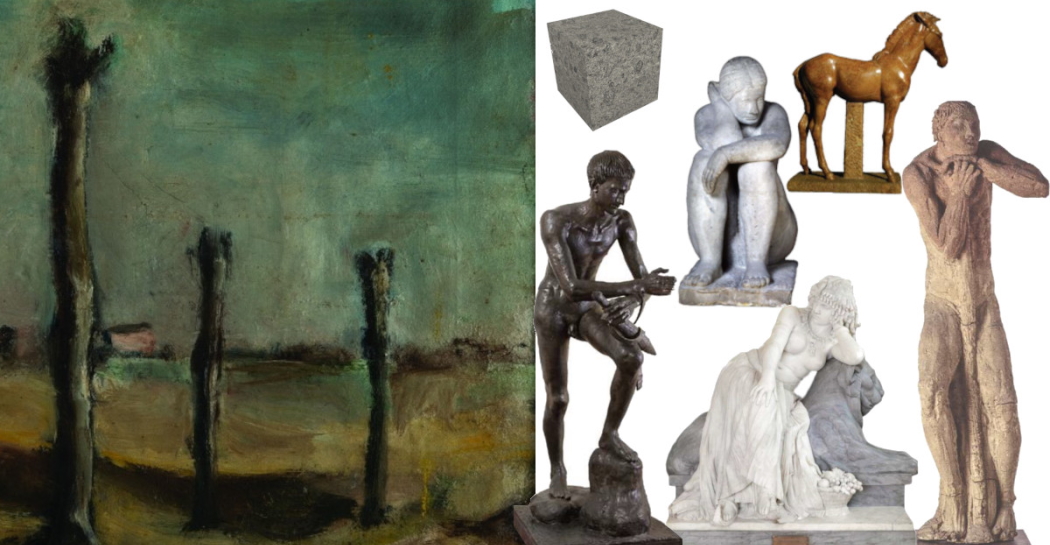 Pier Paolo Pasolini, Paesaggio di Casarsa, 1944, olio su tela, Archivio Giuseppe Zigaina ©; Girolamo Masini, Cleopatra, 1882, marmo, GAM AM 266; Arturo Martini, Il pastore, 1930, terracotta, GAM AM 836; Italo Griselli, Romolo, 1937-1938, bronzo, GAM AM 1271; Arturo Dazzi, Cavallino, 1927-1928, marmo rosso di Verona, GAM AM 895; Marino Marini, Bagnante, 1934, peperino, GAM AM 1100, dettagli delle opere. Pier Paolo Pasolini, Paesaggio di Casarsa, 1944, olio su tela, Archivio Giuseppe Zigaina ©; Girolamo Masini, Cleopatra, 1882, marmo, GAM AM 266; Arturo Martini, Il pastore, 1930, terracotta, GAM AM 836; Italo Griselli, Romolo, 1937-1938, bronzo, GAM AM 1271; Arturo Dazzi, Cavallino, 1927-1928, marmo rosso di Verona, GAM AM 895; Marino Marini, Bagnante, 1934, peperino, GAM AM 1100, dettagli delle opere.