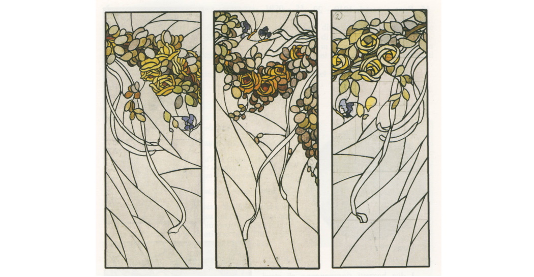 Paolo Antonio Paschetto, Rose, nastri e farfalle, bozzetto per vetrate, acquerello su cartoncino, Museo della Casina delle Civette