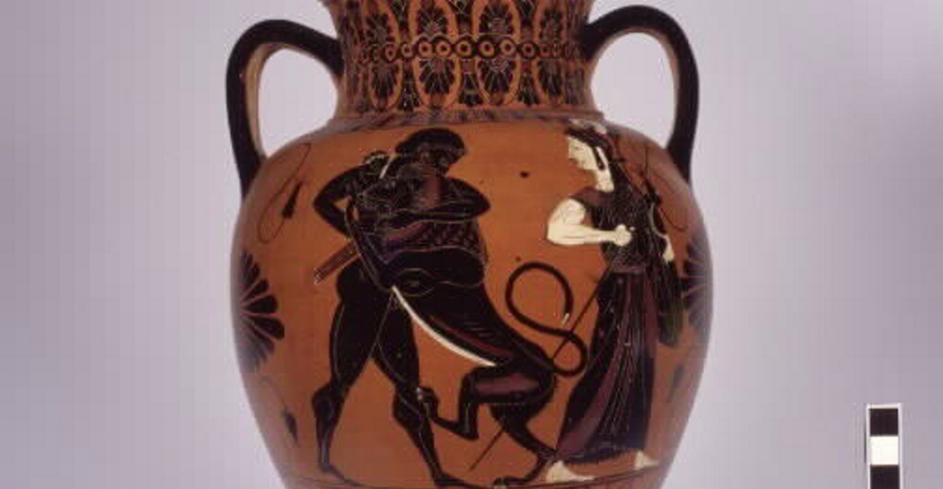 Anfora attica a figure nere con Eracle e il leone nemeo, esposta alla mostra “Colori degli Etruschi” (Musei Capitolini, Collezione Castellani, inv. Ca 74)