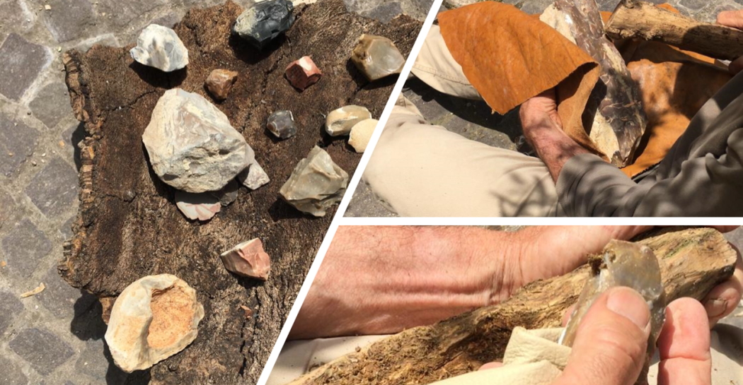 Esempi di archeologia sperimentale in Museo con l’utilizzo di materiali naturali e sostenibili: pietra, legno, corteccia, sughero, pelli.