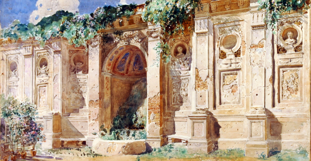 O. FERRETTI,Villa Rivaldi. Muro di sostegno con ninfeo, 1932 (Roma, Museo di Roma, Gabinetto delle Stampe)