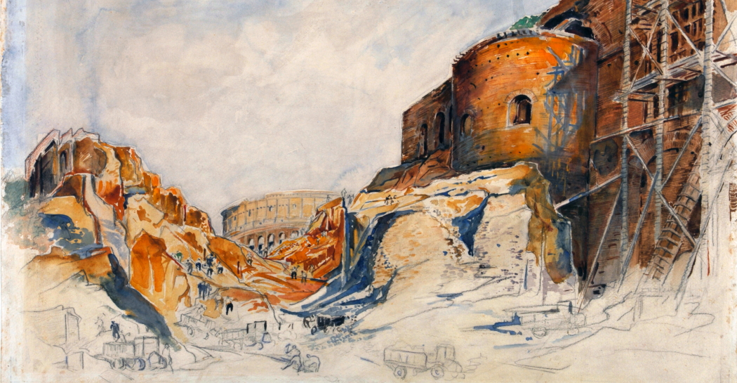 M. BAROSSO, «Durante i lavori per Via dell’Impero. Dal taglio della Velia si scopre in fondo il Colosseo», matita e acquerello su carta (14-15 maggio 1932). Roma, Museo di Roma, Gabinetto delle Stampe