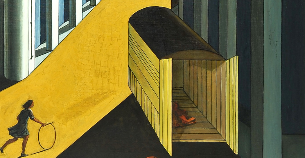 Giorgio de Chirico, Mistero e malinconia di una strada, fanciulla con cerchio, olio su tela, anni Sessanta, Roma, Museo C. Bilotti (particolare) Giorgio de Chirico, Mistero e malinconia di una strada, fanciulla con cerchio, olio su tela, anni Sessanta, Roma, Museo C. Bilotti (particolare)