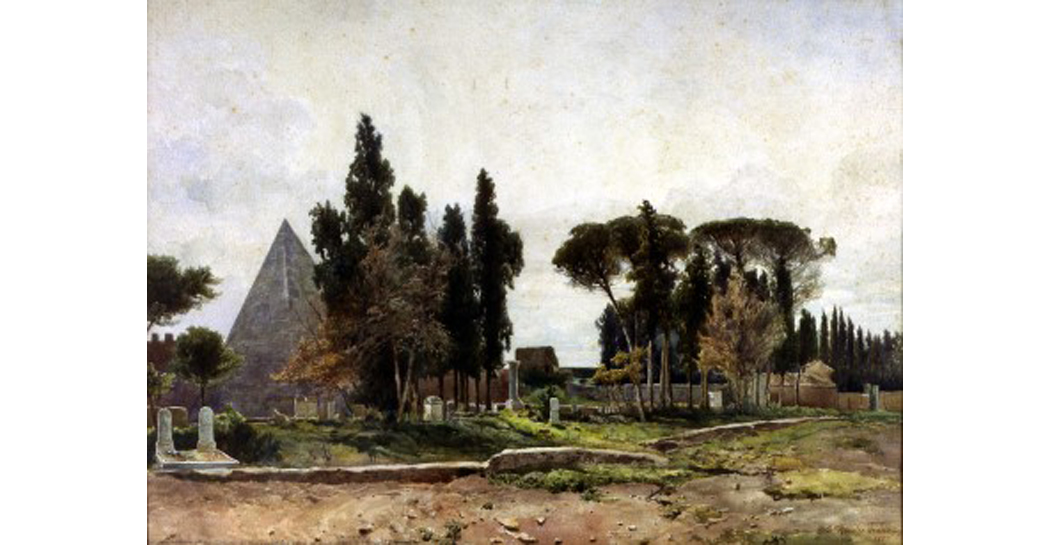 Ettore Roesler Franz, L’Antico Cemeterio Protestante, a sinistra la Piramide Sepolcrale di Caio Cestio, 1887, acquerello su carta, Roma, Museo di Roma in Trastevere