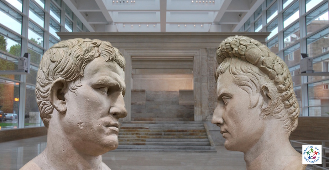 Agrippa (a sinistra) fronteggia Augusto (a destra) davanti l'Ara Pacis Agrippa (a sinistra) fronteggia Augusto (a destra) davanti l'Ara Pacis