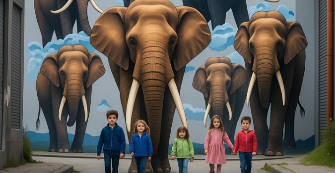 Bambini (di fantasia) appartenenti alla comunità cittadina di Rebibbia Casal de’ Pazzi passeggiano per le vie di una periferia che hanno vivacizzato con murales a tema preistorico – gli elefanti antichi escono dai disegni e si uniscono a loro, riunendo passato e presente e creando un senso di orgoglio e appartenenza.