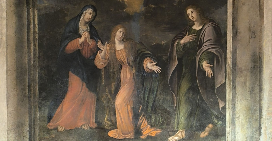 Suor Maria Eufrasia (Flavia Benedetti), La Vergine, la Maddalena e san Giovanni Evangelista, seconda metà del XVII secolo, olio su muro. Galleria d’Arte Moderna, Roma Suor Maria Eufrasia (Flavia Benedetti), La Vergine, la Maddalena e san Giovanni Evangelista, seconda metà del XVII secolo, olio su muro. Galleria d’Arte Moderna, Roma