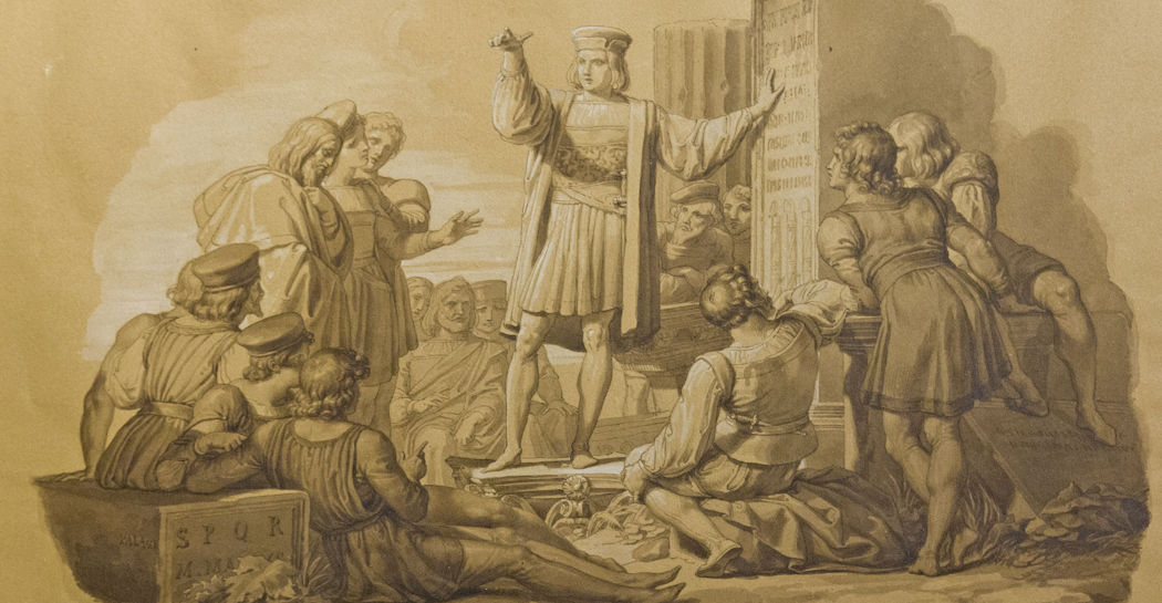 Roma, Galleria Carlo Virgilio & C., Pelagio Palagi, Cola di Rienzo che spiega le antiche epigrafi ai Romani, inv. 277, disegno acquerellato su carta, 1829 (© Galleria Carlo Virgilio)