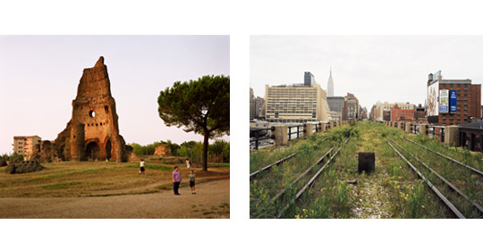 Joel Sternfeld, Grand Nymphaeum of the Villa dei Gordiani Parco dei Gordiani, Rome, August 1990 and A Railroad Artifact, 30th St, May 2000, courtesy the artist and Luhring Augustine Gallery, NY