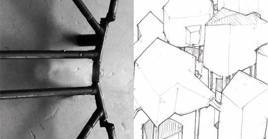 da sinistra a destra: Valentino Diego, "Studio per DYnamic MAXimum tensION",  2009, Courtesy l’artista - Pietro Ruffo "Nuovo Paesaggio Italiano", 2009, schizzo, Courtesy l'artista.