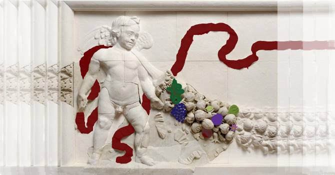 Frutta e fiori colorati animano il rilievo con Amorini e ghirlande del Foro di Cesare