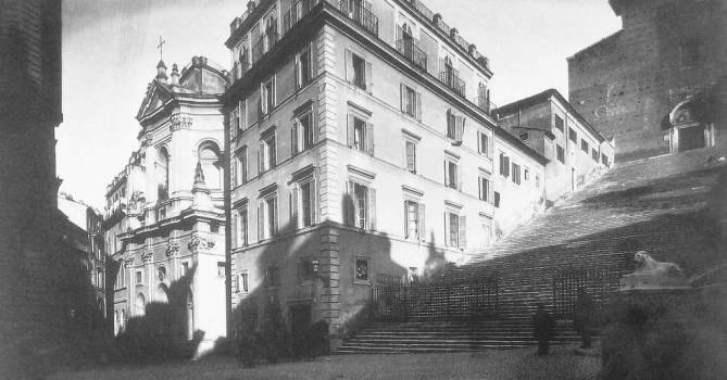 La Chiesa di Santa Rita nella sua posizione originaria, ai piedi della scalinata dell'Aracoeli (1887)