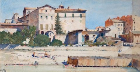 A. Le Ghait, Veduta di Palazzo Sacchetti con il Tevere, acquerello su carta, 1877, Museo di Roma, GS 2001 A. Le Ghait, Veduta di Palazzo Sacchetti con il Tevere, acquerello su carta, 1877, Museo di Roma, GS 2001
