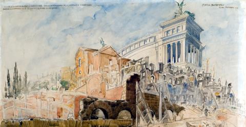 Maria Barosso, Demolizione delle case in Via Cremona per gli scavi al Foro di Cesare, 1932, matita e acquerello su carta, MR - 2492, Roma, Museo di Roma. Foto: Alfredo Valeriani. Copyright dell'immagine: Roma Capitale, Sovrintendenza Capitolina ai Beni Culturali. Referenze fotografiche: Roma, Museo di Roma, Archivio Iconografico